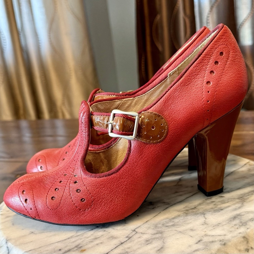 Re-Mix Classic Vintage Footwear CLOCHE Red Brown T-Strap Leather Shoes Heels 8
